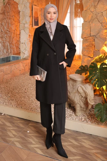 Siyah Kruvaze Yaka Astarlı  Kaşe Kaban