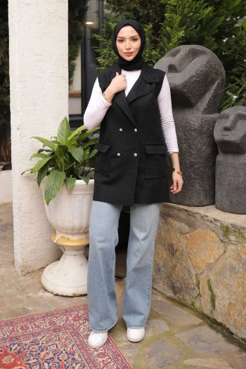 Siyah Kruvaze Yaka Cepli Buklet Yelek