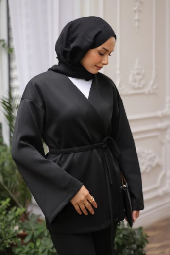 Siyah Kuşaklı Scuba Kimono