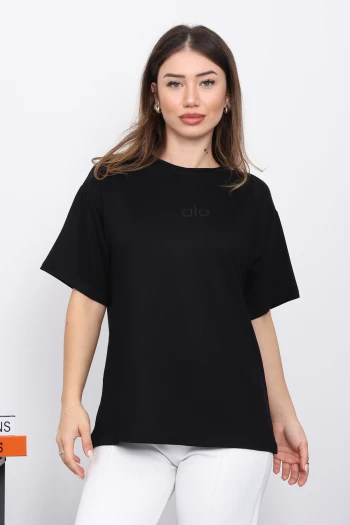 Siyah Nakışlı Kısa Kol Modal T-Shirt