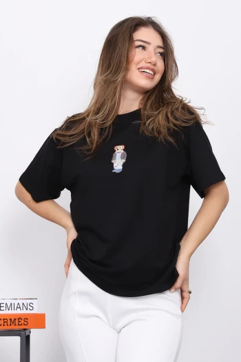 Siyah Nakışlı Modal Kısa Kol  T-Shirt