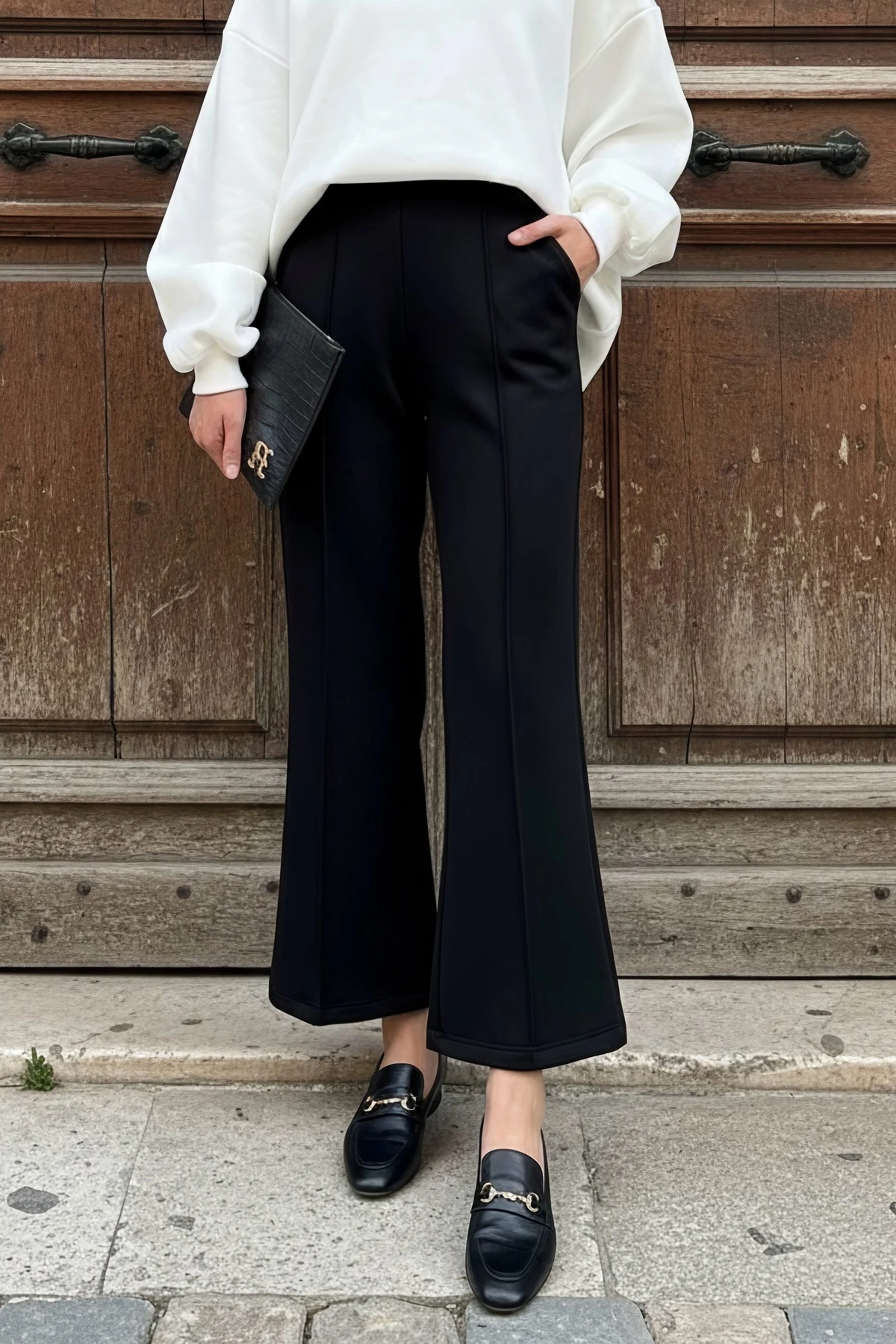 Siyah Önden Dikişli Scuba Pantolon