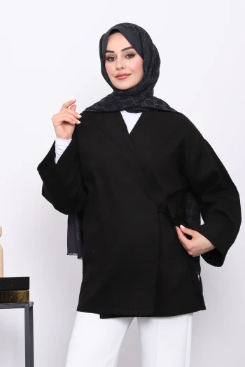 Siyah Yan Bağlamalı Keten Kimono