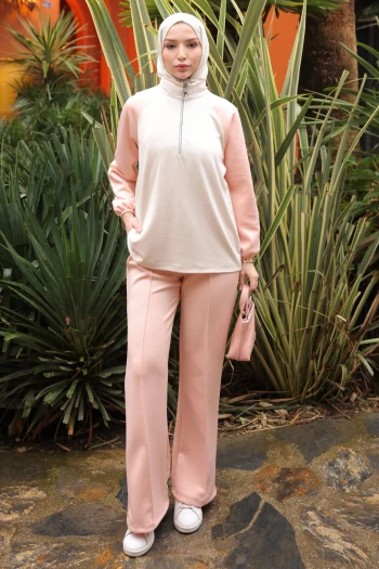 Somon Fermuarlı Garnili Sweat  Pantolonlu Takım