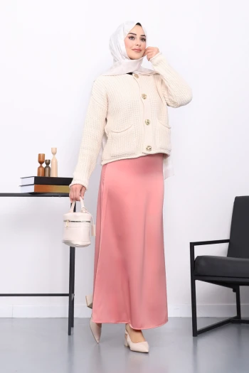 Somon Yan Fermuarlı Saten Kloş Etek