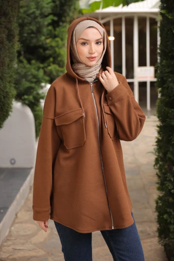 Taba Kapşonlu Fermuarlı Kaşe Ceket