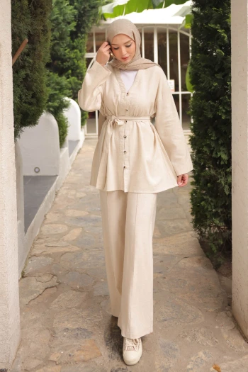 Taş Bel Kuşaklı  Keten Tunik Pantolonlu Takım