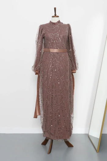 Vizon Boncuklu Payetli Kemerli Abiye