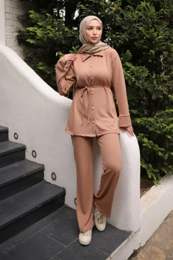 Vizon Fitilli Bel Bağlamalıı Tunik Pantolonlu Takım