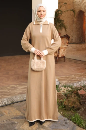 Vizon Gömlek Yaka Fermuarlı Triko Elbise