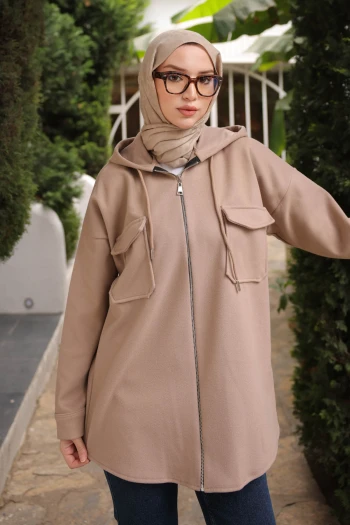 Vizon Kapşonlu Fermuarlı Kaşe Ceket