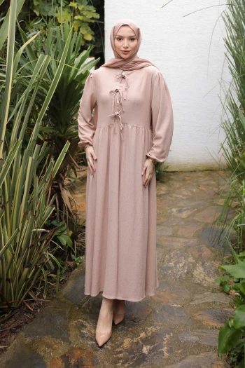 Vizon Kol Lastikli Yaka Bağlamalı Bürümcük Elbise