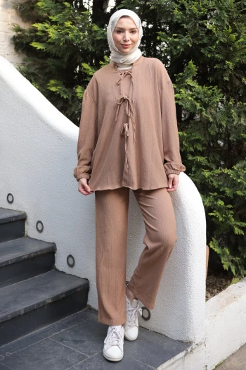 Vizon Ön Bağlamalı Bürümcük Kimono Pantolonlu Takım