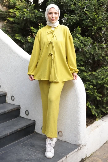 Yağ Yeşili Ön Bağlamalı Bürümcük Kimono Pantolonlu Takım