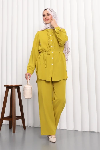 Yağ Yeşili Önü Fırfırlı Tunik Pantolonlu Linda Takım