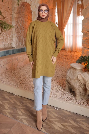 Yağ Yeşili Soğuk İplik Merserize Triko Tunik