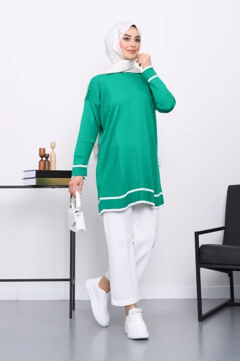 Yeşil Bisiklet Yaka Merserize Salaş Triko Tunik