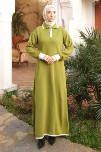 Yeşil Gömlek Yaka Fermuarlı Triko Elbise
