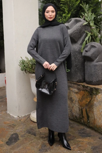 Antrasit Dik Yaka Fitilli Triko Elbise