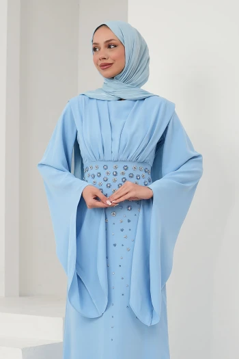 Bebe Mavi Önü Drapeli Taş İşlemeli Abiye