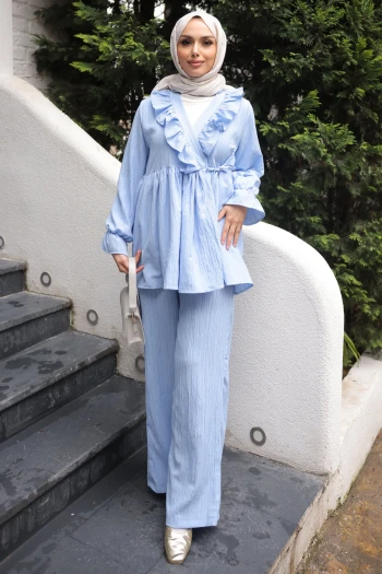 Bebe Mavi Yaka Fırfırlı Tunik Pantolonlu Takım