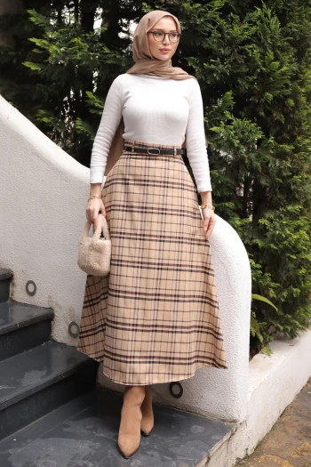 Bej Beli Kemerli Yandan Cepli Ekose Kloş Etek