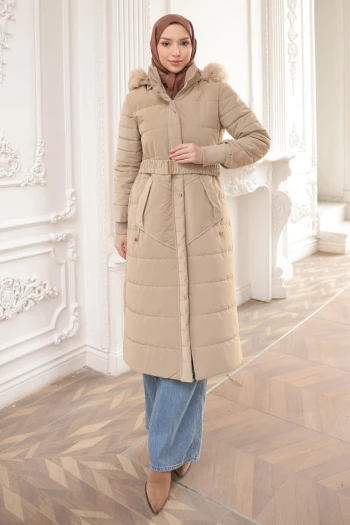Bej Büyük Beden Kapüşonlu Şişme Mont