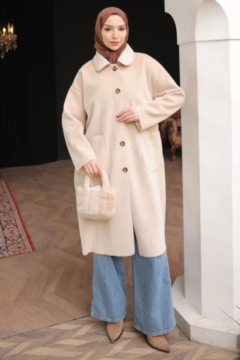 Bej Cepli Düğmeli Angora Kaban