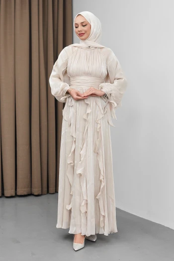Bej Önü Drapeli Kol Bağlamalı Abiye