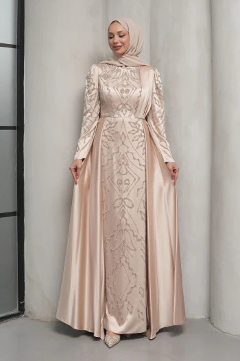 Bej Önü Taşlı Saten Abiye