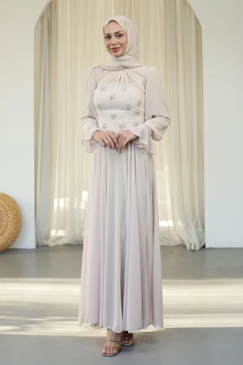 Bej Taş İşlemeli Büstiyerli Abiye