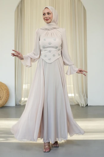 Bej Taş İşlemeli Büstiyerli Abiye