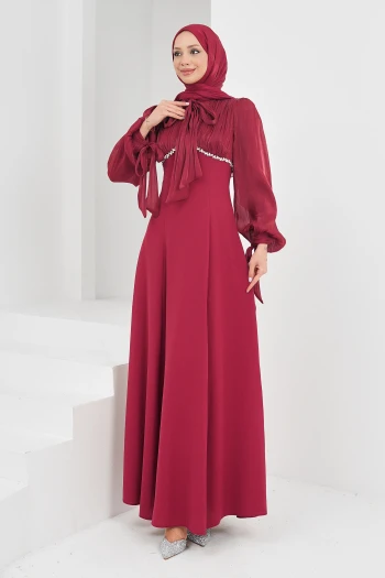 Bordo Balon Kol Taş Detaylı Abiye