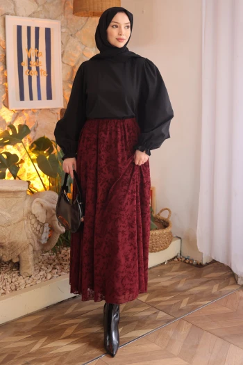 Bordo Bel Lastikli Astarlı Flok Baskılı Tül Etek