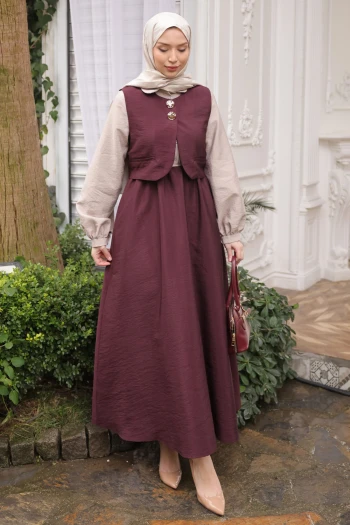 Bordo Bel Lastikli Yelek Kombinli Elbise Takım