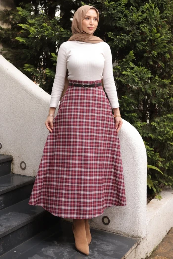 Bordo Beli Kemerli Yandan Cepli Ekose Kloş Etek