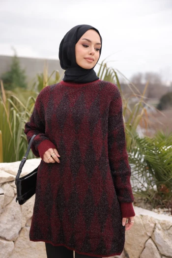 Bordo Bisiklet Yaka Simli Triko Kazak