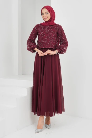 Bordo Boncuk İşlemeli Abiye