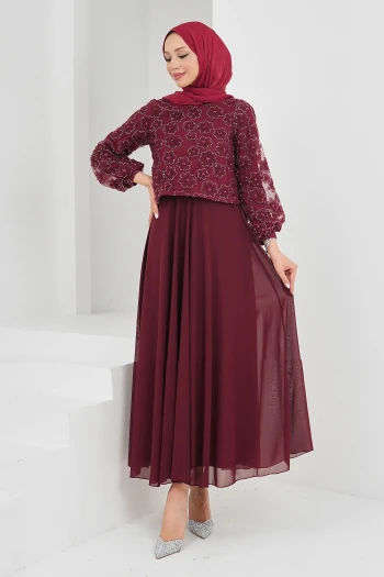 Bordo Boncuk İşlemeli Abiye