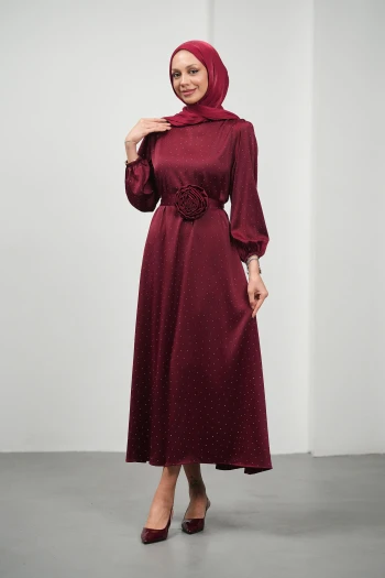 Bordo Çiçek Kemerli Taşlı Saten Abiye
