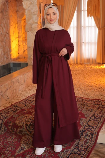 Bordo Hırka Sweat Pantlonlu Geniş Kalıp 3'lü Modal Takım