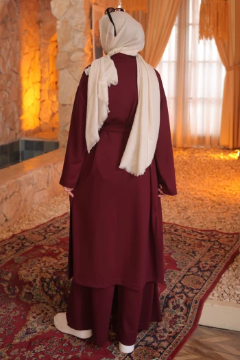 Bordo Hırka Sweat Pantlonlu Geniş Kalıp 3'lü Modal Takım