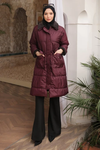 Bordo Kadife Garnili Cepli Şişme Mont