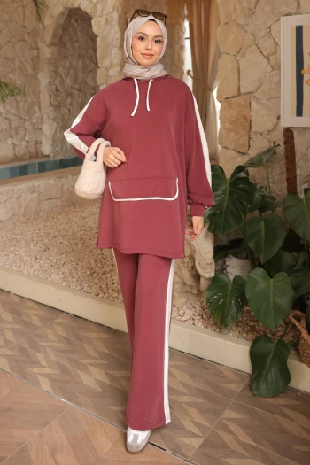 Bordo Kapüşonlu Renk Bloklu Tunik Pantolonlu Takım