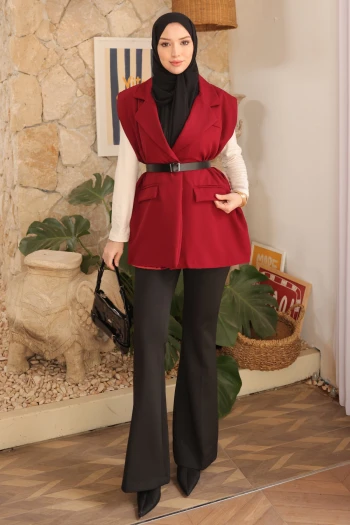 Bordo Omuzu Dik Vatkalı Kemerli Astarlı Yelek