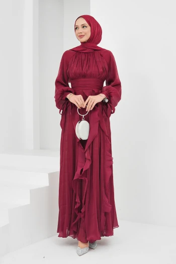 Bordo Önü Drapeli Kol Bağlamalı Abiye