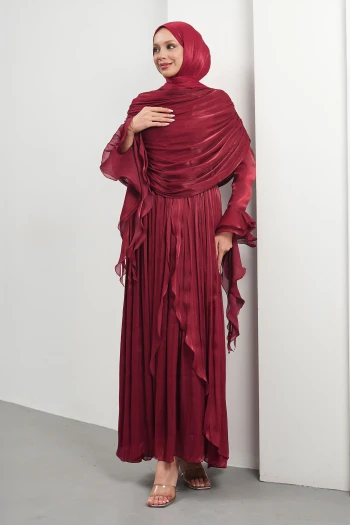 Bordo Seyyar Pelerinli Fırfırlı Abiye