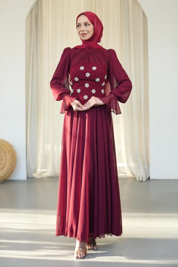 Bordo Taş İşlemeli Büstiyerli Abiye