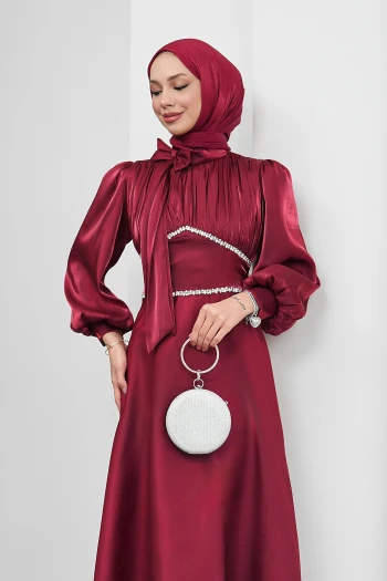 Bordo Yakası Fiyonklu Beli Taş Detaylı Balon Kol Abiye