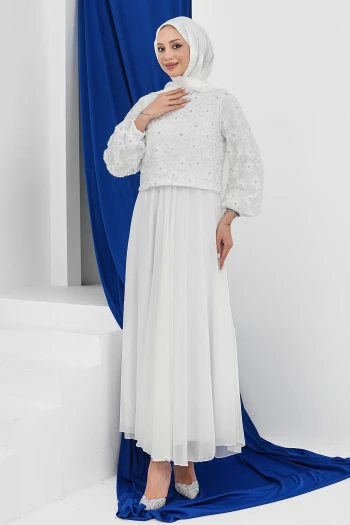 Ekru Boncuk İşlemeli Abiye